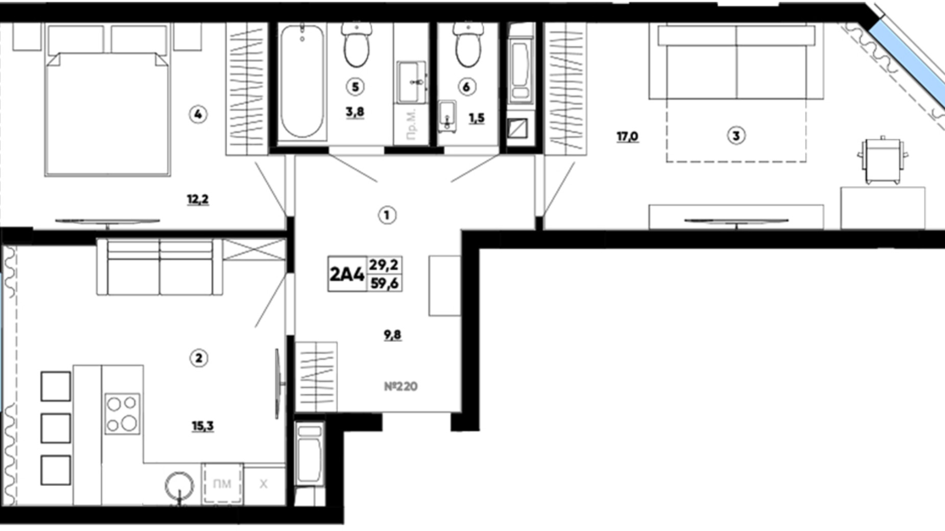 Планування 2-кімнатної квартири в ЖК Paradise Avenue 59.6 м², фото 543318