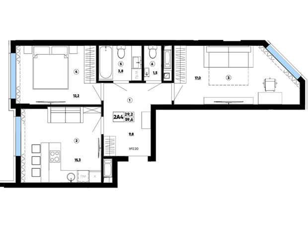 ЖК Paradise Avenue: планування 2-кімнатної квартири 59.6 м²