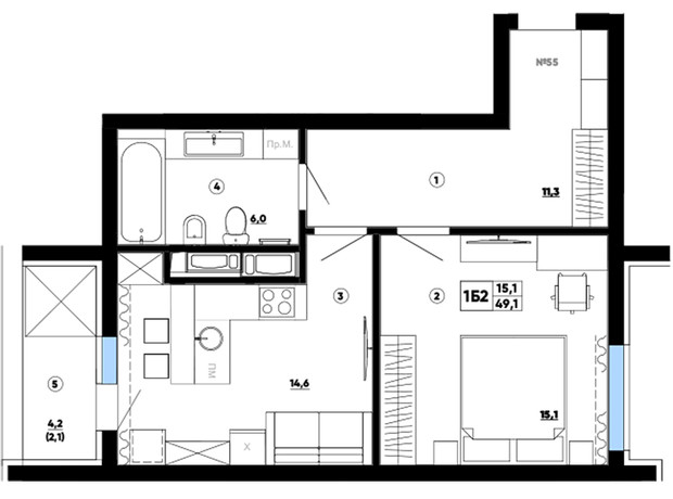 ЖК Paradise Avenue: планування 1-кімнатної квартири 49.1 м²