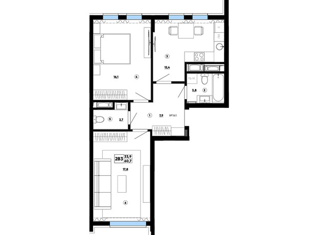 ЖК Paradise Avenue: планировка 2-комнатной квартиры 60.7 м²