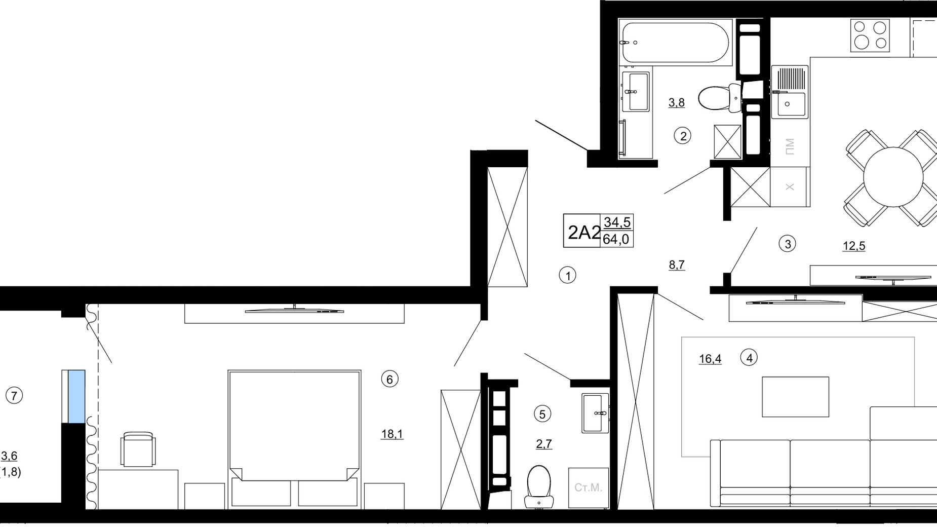 Планування 2-кімнатної квартири в ЖК Paradise Avenue 63.6 м², фото 543330