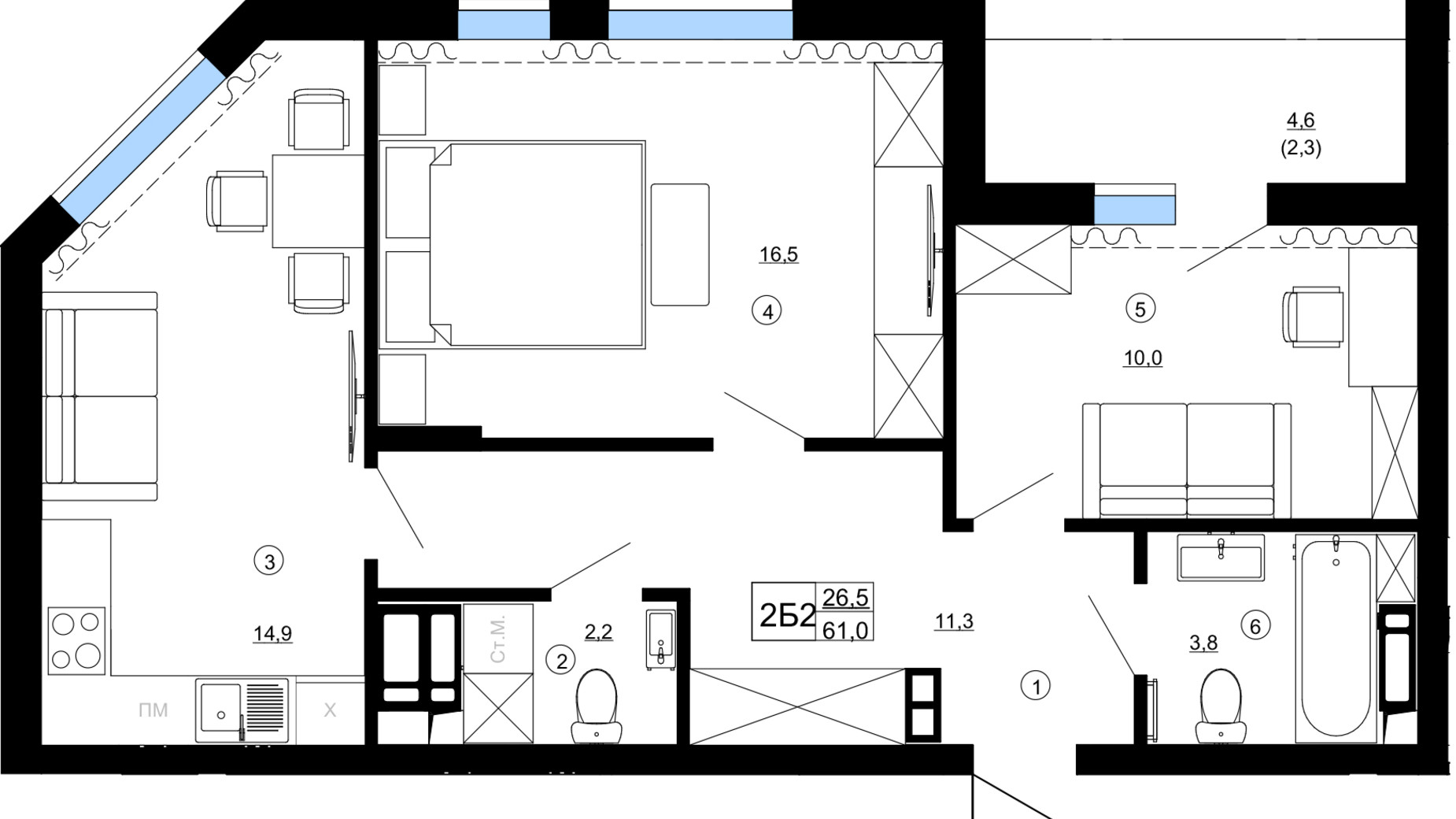 Планування 2-кімнатної квартири в ЖК Paradise Avenue 61 м², фото 543331