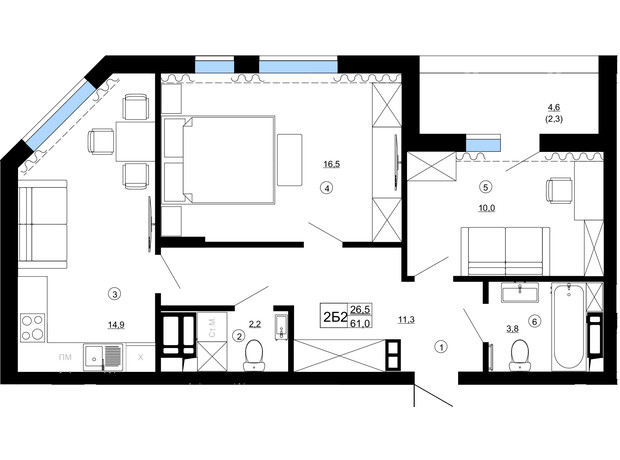 ЖК Paradise Avenue: планировка 2-комнатной квартиры 61 м²