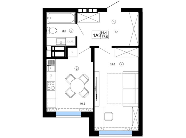 ЖК Paradise Avenue: планування 1-кімнатної квартири 37.5 м²