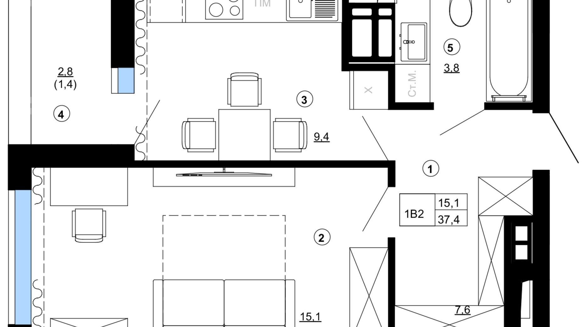 Планировка 1-комнатной квартиры в ЖК Paradise Avenue 37.4 м², фото 543338