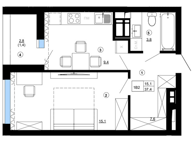 ЖК Paradise Avenue: планировка 1-комнатной квартиры 37.4 м²