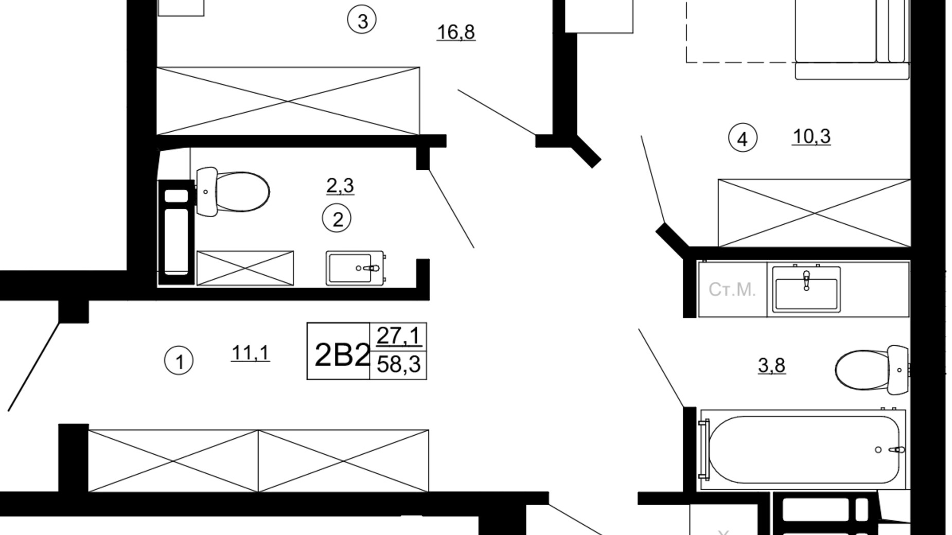 Планировка 2-комнатной квартиры в ЖК Paradise Avenue 57.5 м², фото 543341