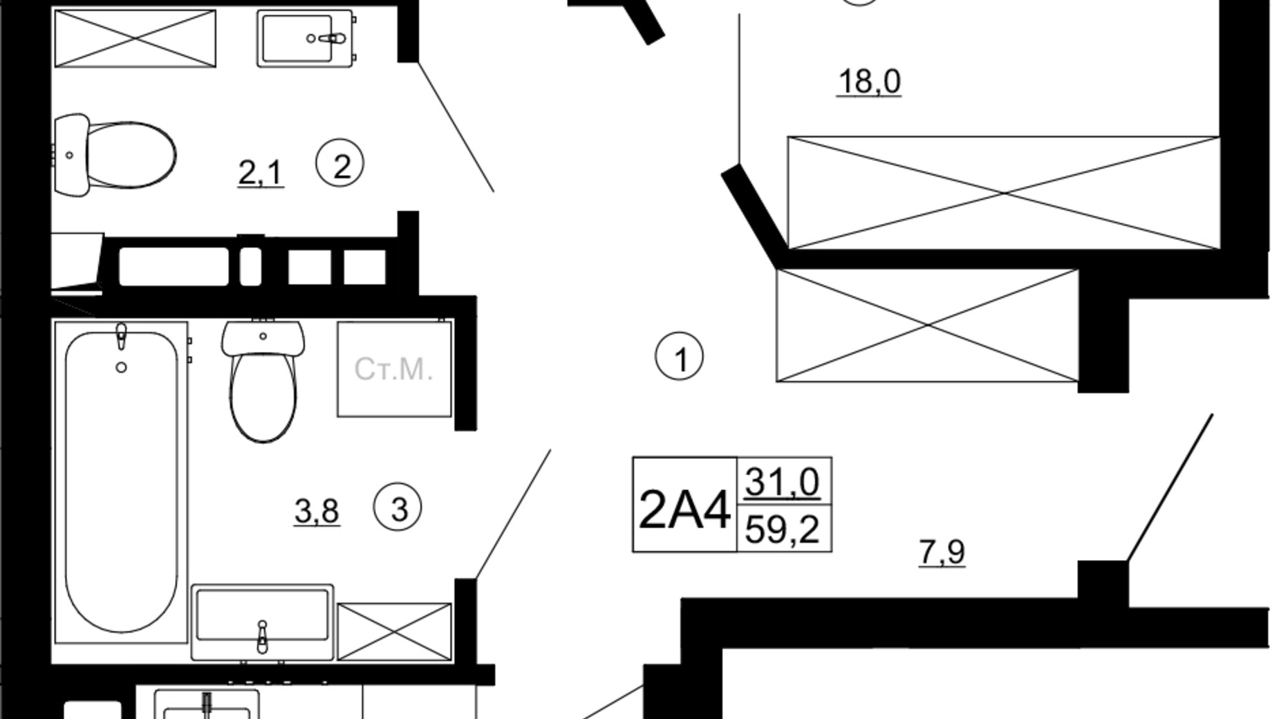 Планування 2-кімнатної квартири в ЖК Paradise Avenue 59.2 м², фото 543347