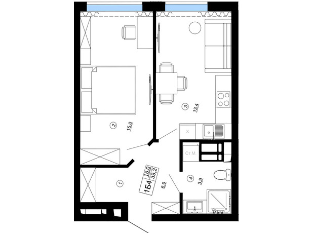 ЖК Paradise Avenue: планування 1-кімнатної квартири 39.2 м²