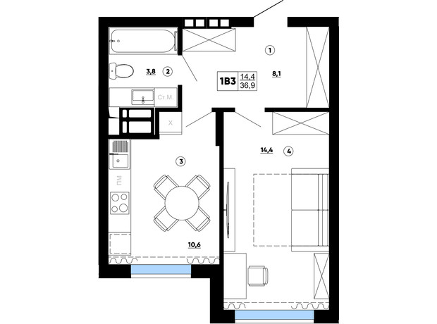ЖК Paradise Avenue: планування 1-кімнатної квартири 36.9 м²