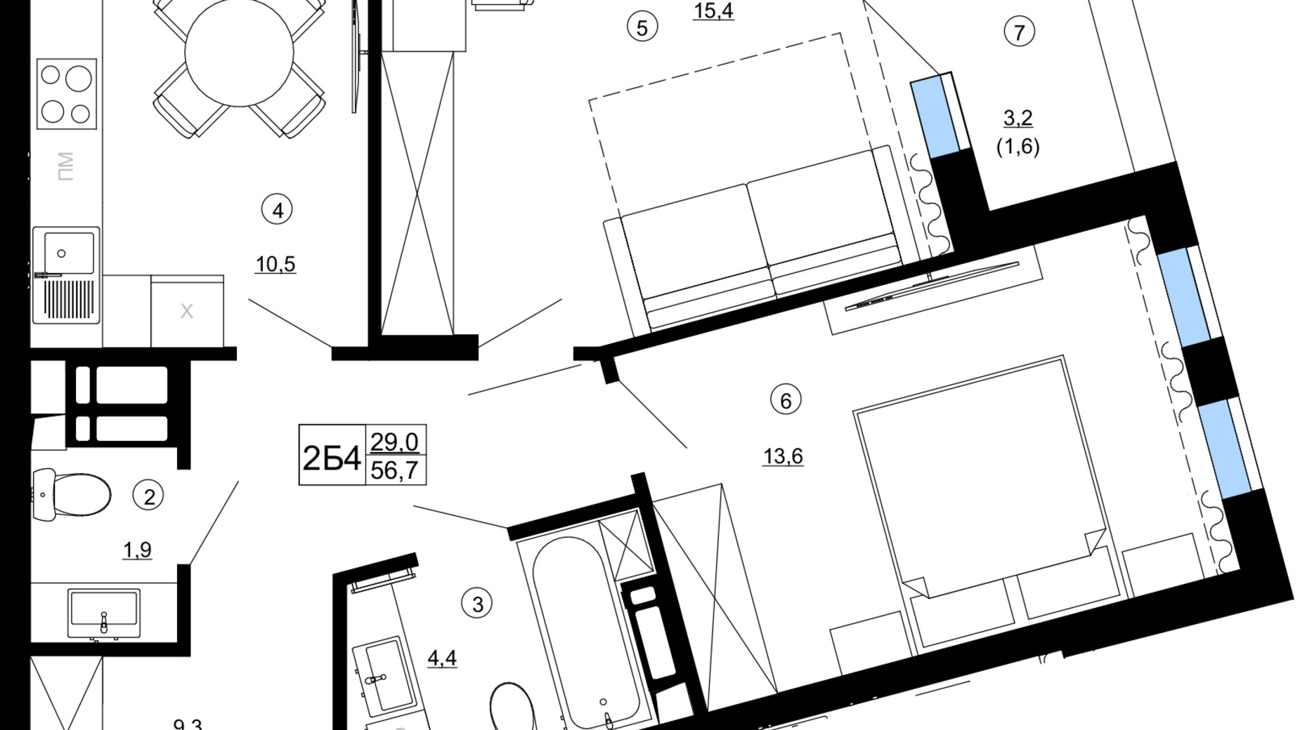 Планировка 2-комнатной квартиры в ЖК Paradise Avenue 56.7 м², фото 543351