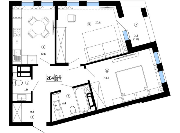 ЖК Paradise Avenue: планування 2-кімнатної квартири 56.7 м²