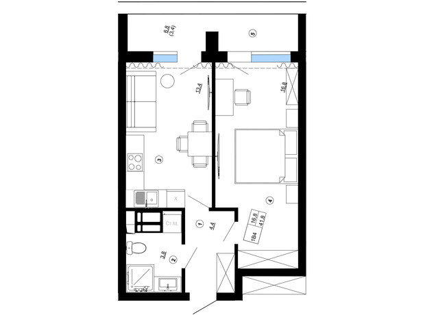 ЖК Paradise Avenue: планування 1-кімнатної квартири 41.8 м²