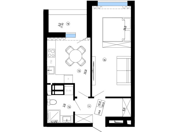 ЖК Paradise Avenue: планування 1-кімнатної квартири 39.9 м²