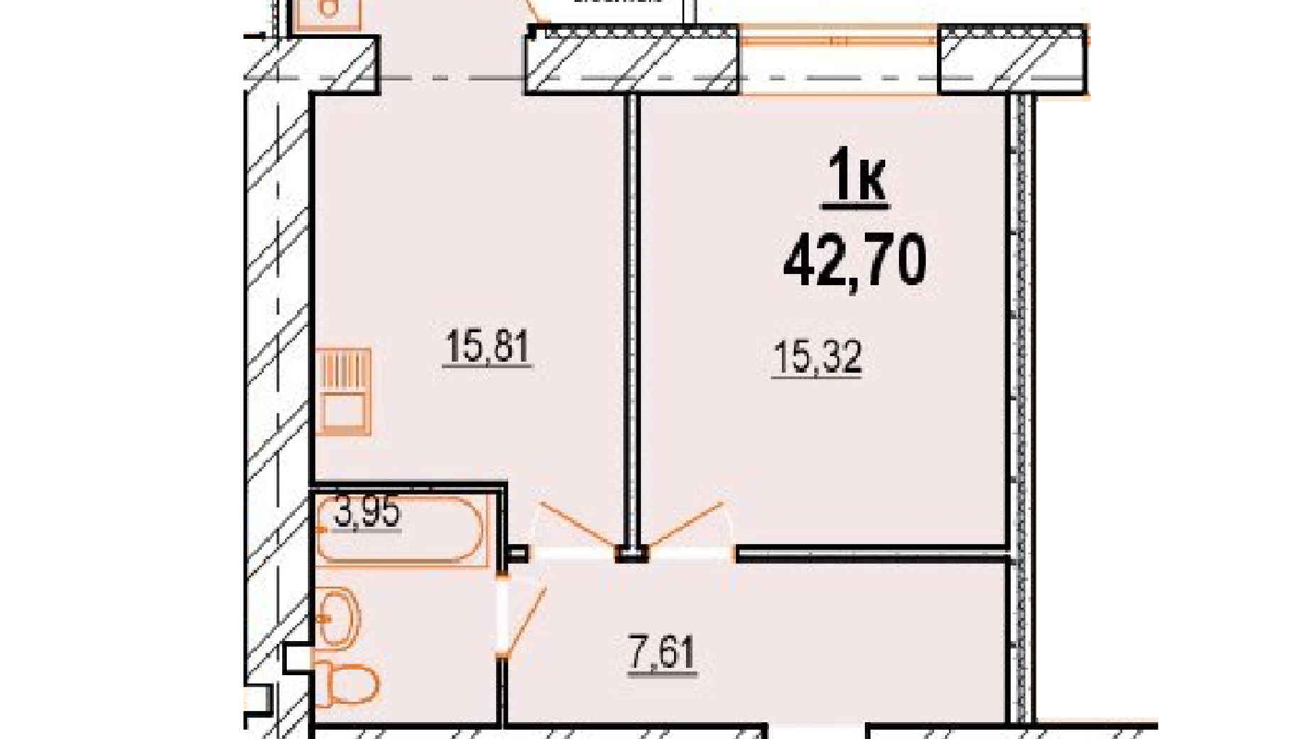 Планировка 1-комнатной квартиры в ЖК Старогородский 42.07 м², фото 543475