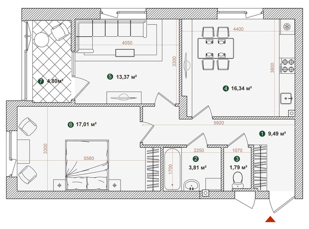 ЖК Forest Park: планировка 2-комнатной квартиры 66.61 м²