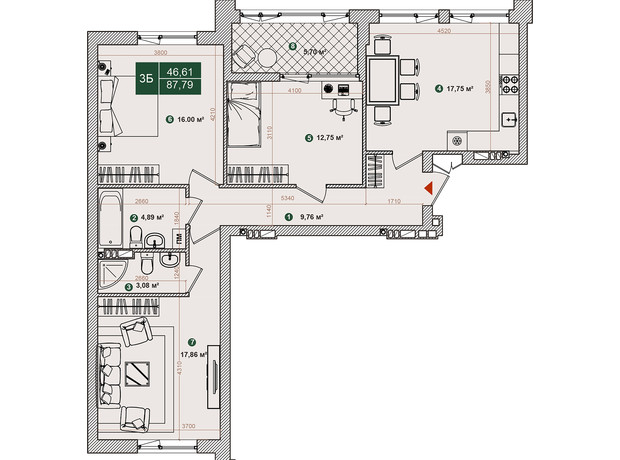 ЖК Forest Park: планировка 3-комнатной квартиры 87.79 м²