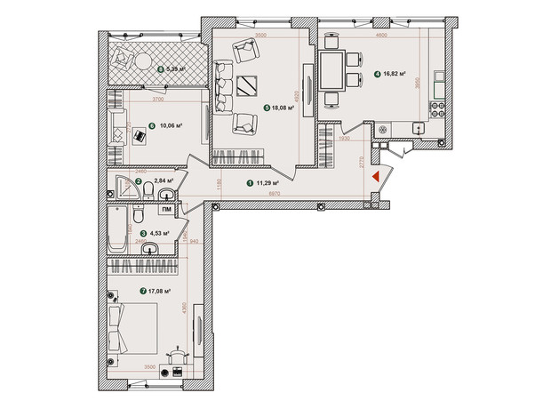 ЖК Forest Park: планировка 3-комнатной квартиры 86.09 м²