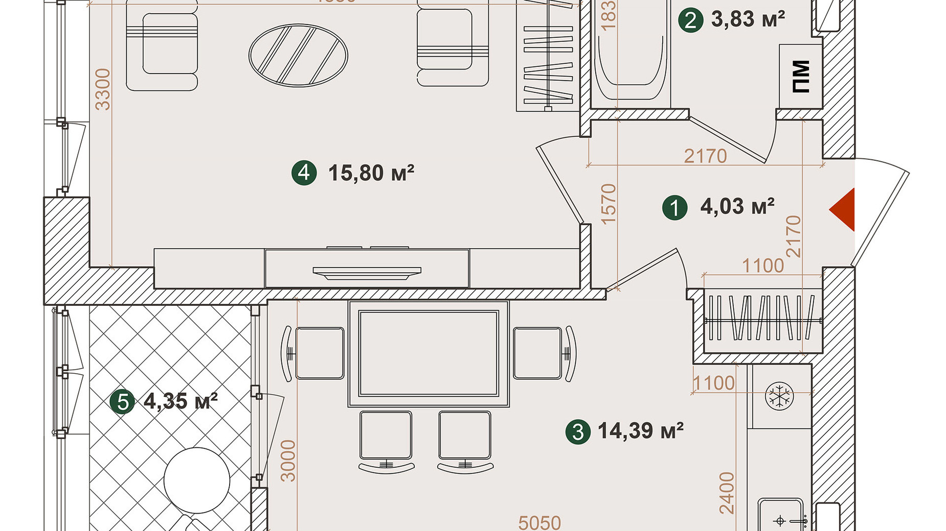 Планування 1-кімнатної квартири в ЖК Forest Park 42.4 м², фото 543820