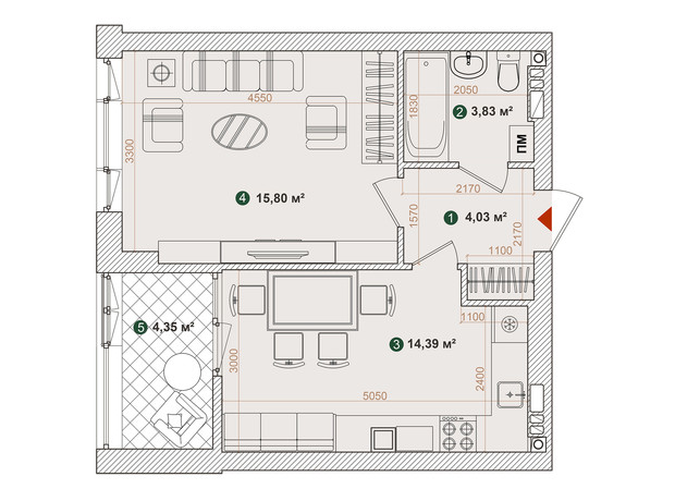 ЖК Forest Park: планування 1-кімнатної квартири 42.4 м²