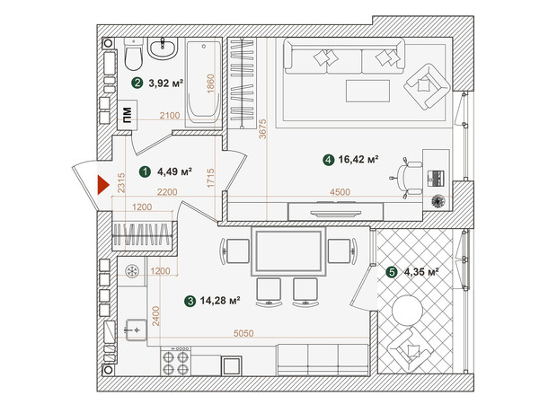 ЖК Forest Park: планування 1-кімнатної квартири 43.46 м²