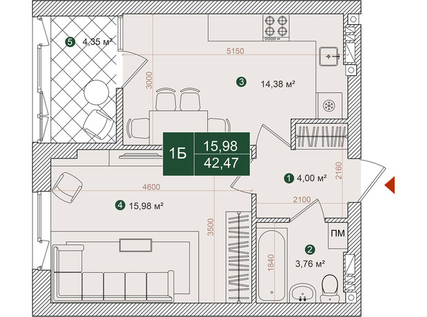 ЖК Forest Park: планування 1-кімнатної квартири 42.47 м²