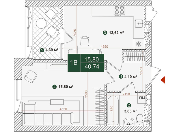 ЖК Forest Park: планування 1-кімнатної квартири 40.74 м²