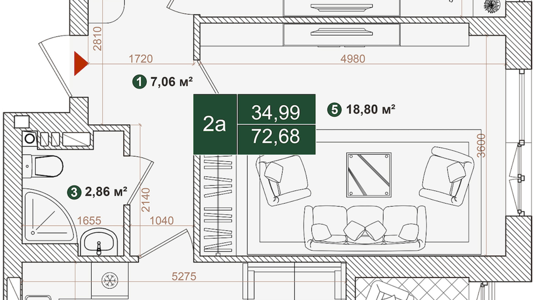 Планування 2-кімнатної квартири в ЖК Forest Park 72.46 м², фото 543839
