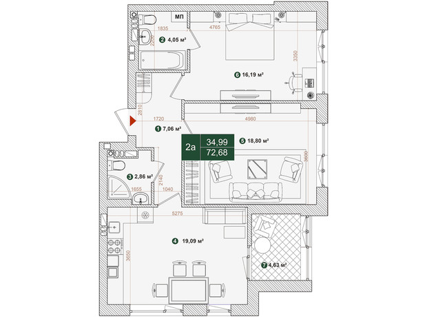 ЖК Forest Park: планування 2-кімнатної квартири 72.46 м²