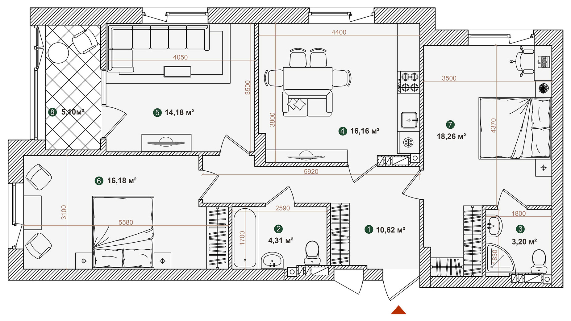 Планування 3-кімнатної квартири в ЖК Forest Park 88.01 м², фото 543973