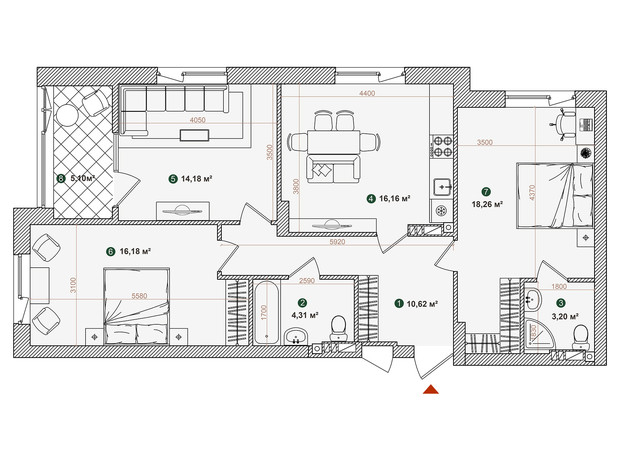 ЖК Forest Park: планировка 3-комнатной квартиры 88.01 м²