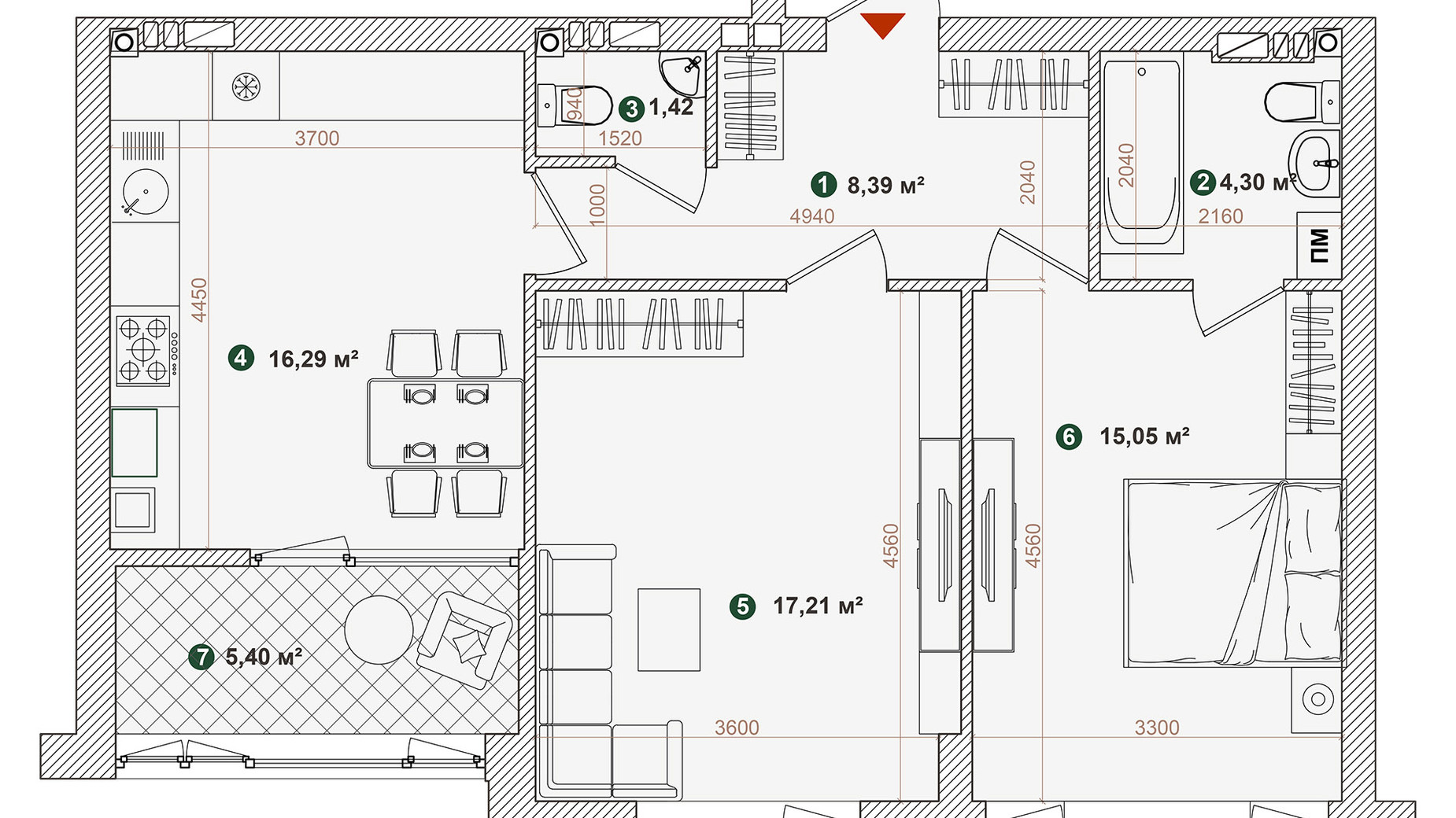 Планування 2-кімнатної квартири в ЖК Forest Park 68.06 м², фото 543974