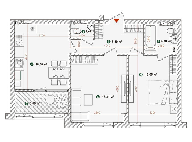 ЖК Forest Park: планування 2-кімнатної квартири 68.06 м²