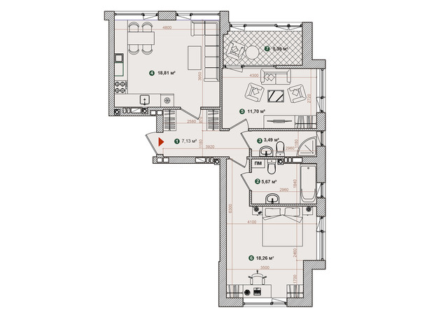 ЖК Forest Park: планування 2-кімнатної квартири 70.45 м²