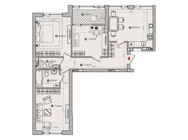 ЖК Forest Park: планировка 3-комнатной квартиры 84.88 м²