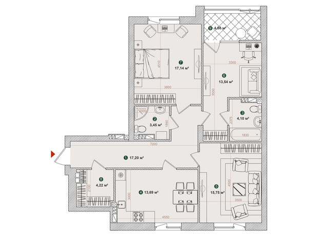 ЖК Forest Park: планировка 3-комнатной квартиры 93.89 м²