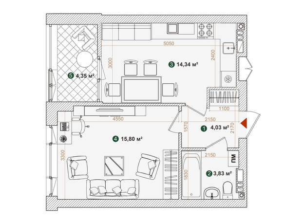 ЖК Forest Park: планування 1-кімнатної квартири 42.35 м²