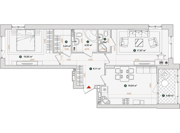 ЖК Forest Park: планування 2-кімнатної квартири 73.29 м²