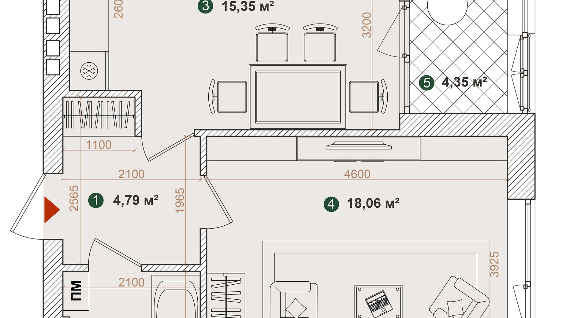 Планування 1-кімнатної квартири в ЖК Forest Park 46.35 м², фото 543984