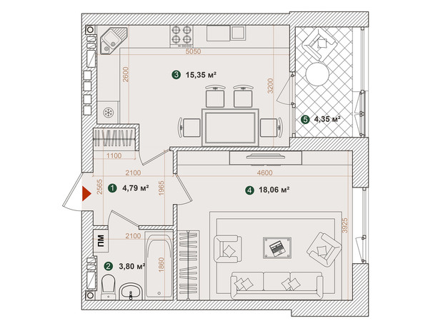 ЖК Forest Park: планування 1-кімнатної квартири 46.35 м²