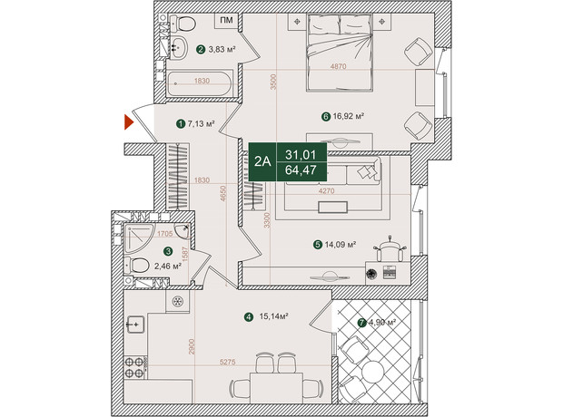 ЖК Forest Park: планування 2-кімнатної квартири 64.47 м²