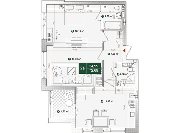 ЖК Forest Park: планування 2-кімнатної квартири 72.68 м²