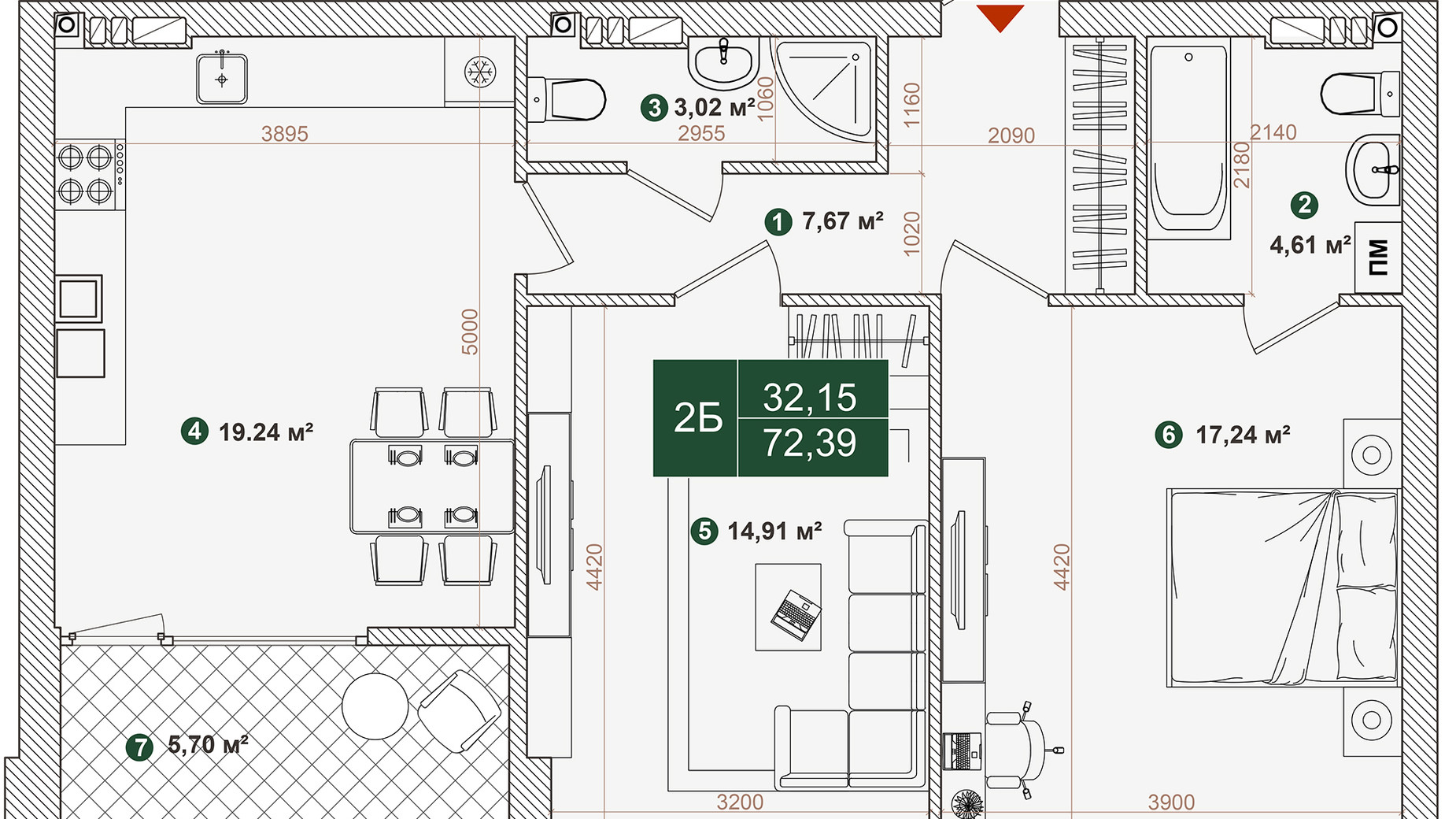 Планування 2-кімнатної квартири в ЖК Forest Park 72.39 м², фото 543992