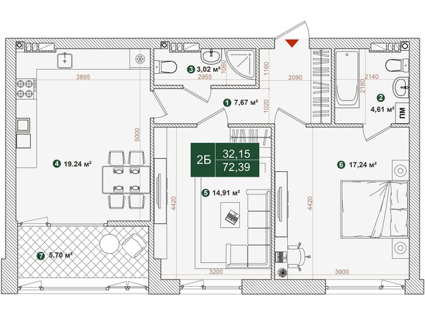 ЖК Forest Park: планування 2-кімнатної квартири 72.39 м²