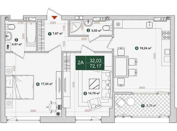 ЖК Forest Park: планування 2-кімнатної квартири 72.17 м²