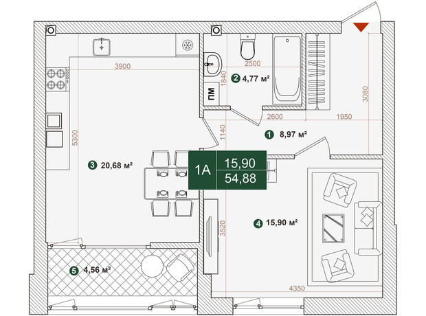 ЖК Forest Park: планировка 1-комнатной квартиры 54.88 м²