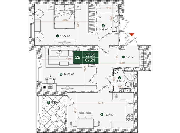 ЖК Forest Park: планировка 2-комнатной квартиры 67.21 м²