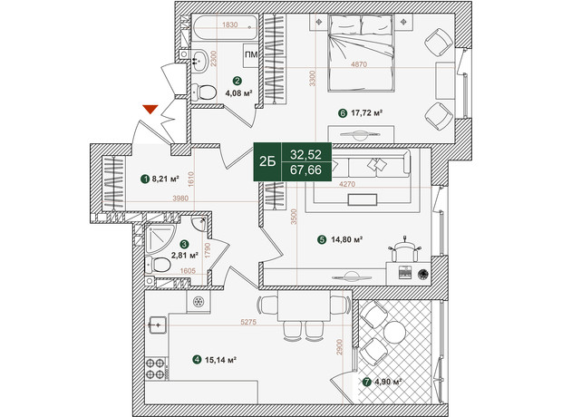 ЖК Forest Park: планировка 2-комнатной квартиры 67.66 м²