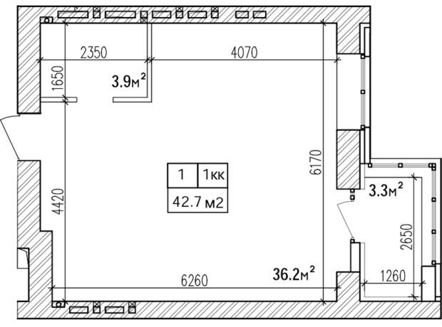 ЖК Promenade: планування 1-кімнатної квартири 42.4 м²