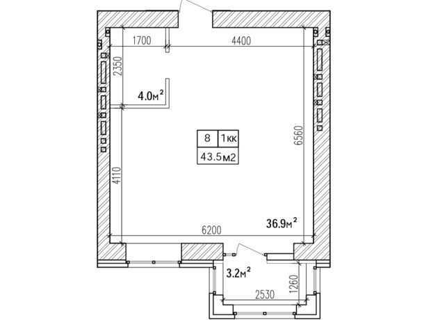 ЖК Promenade: планировка 1-комнатной квартиры 43.5 м²